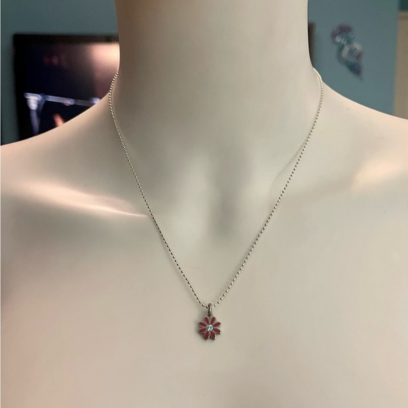 Coach Hot Pink Enamel Crystal Mini Daisy Pendant .925 Sterling Silver Necklace - Picture 2 of 7